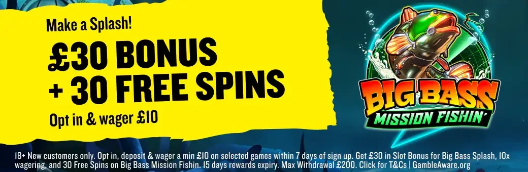 TALKSPORT BET Casino welcome offer banner: £30 bonus and 30 free spins, opt in and wager £10